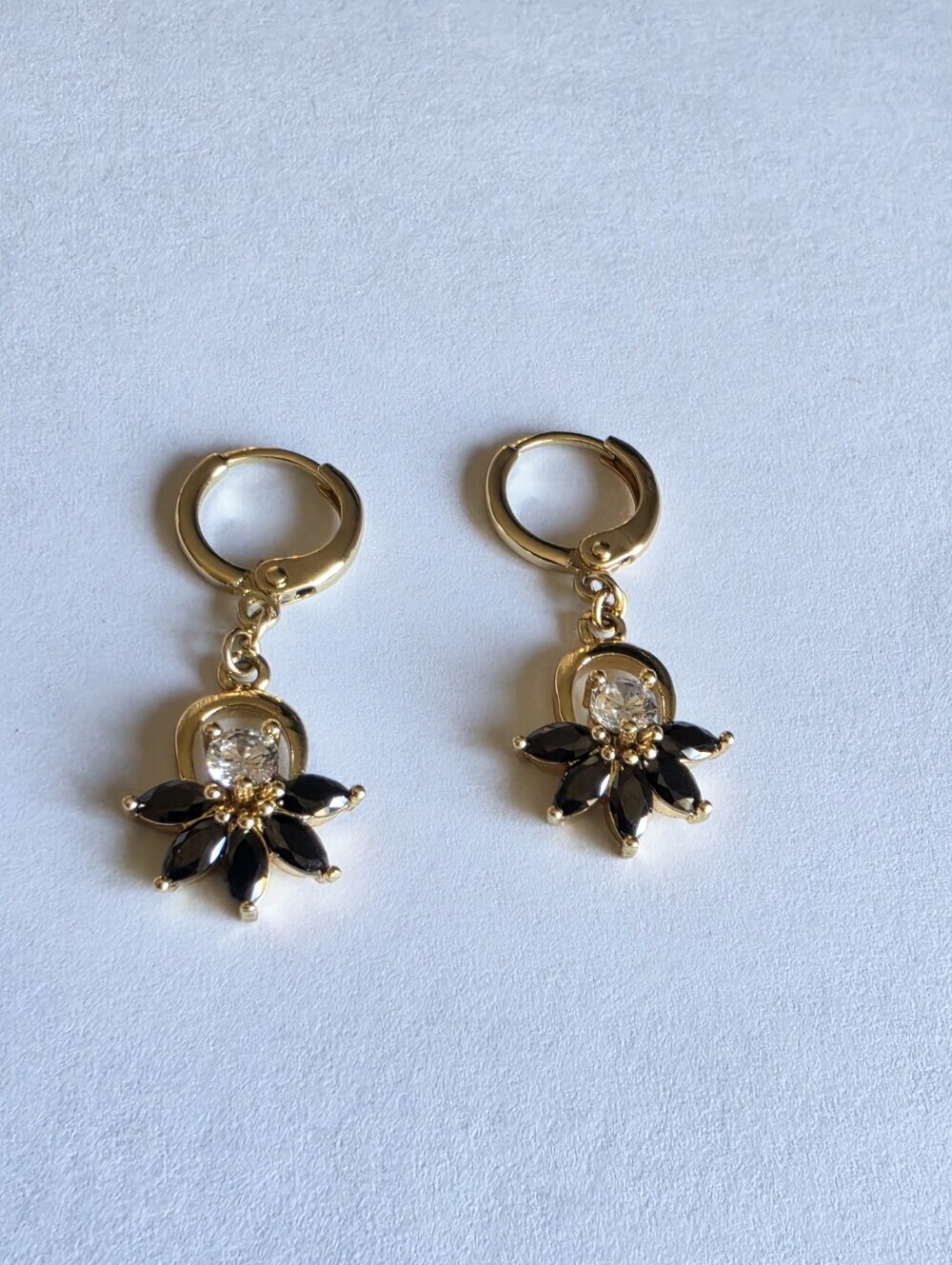 Gold Plated Black Crystal Flower Charm Hoop Earrings CZ Dangle Elegant Gift